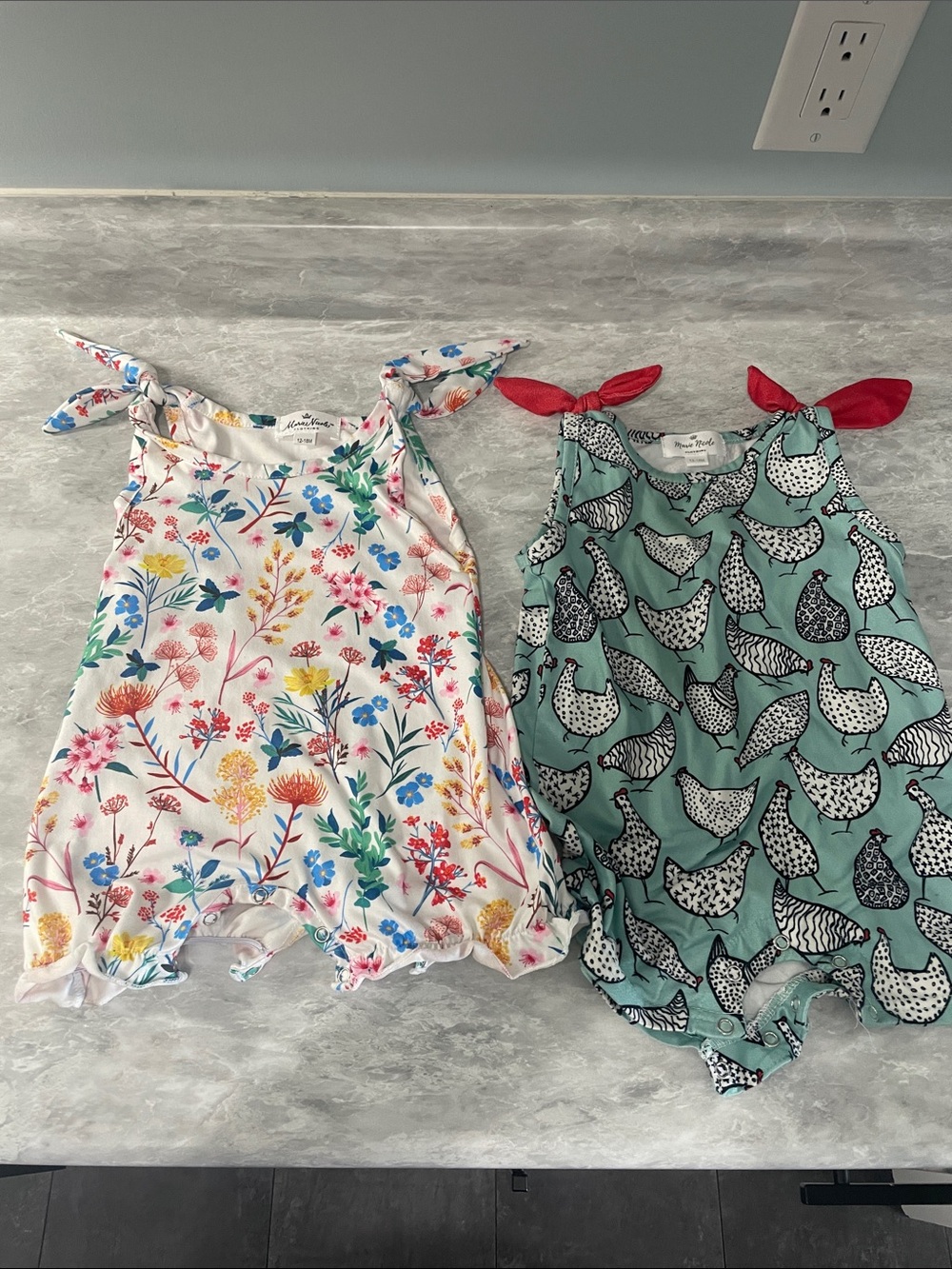 Floral & Teal Bird Tie-Strap Baby Rompers (2)